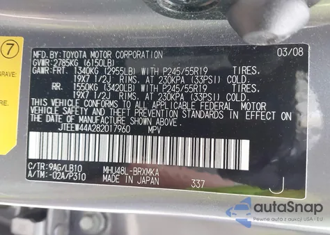 2008 Toyota Highlander Hybrid Limited z USA, uszkodzony, nr VIN JTEEW44A282017960